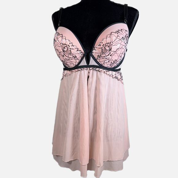 Auden Large Rose Push Up Babydoll Lingerie Coquette Pink Black Lace Underwire - Picture 2 of 14